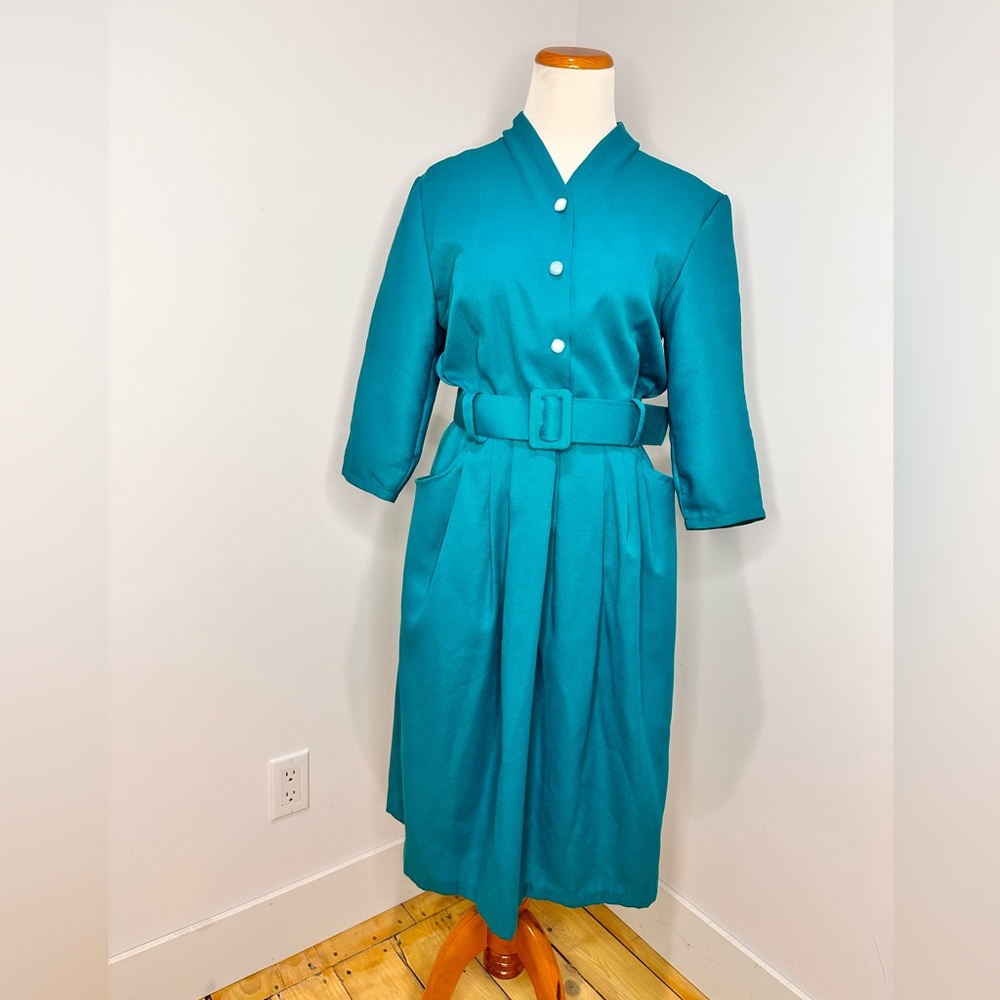 Vintage Teal Belted Midi Dress - Picture 2 of 12